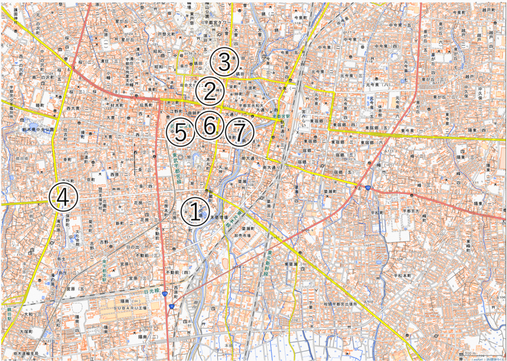 宇都宮の七水の分布