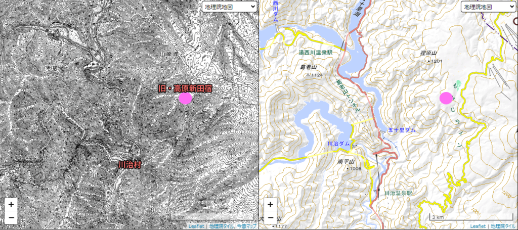 旧・高原新田宿の位置（今昔マップon the webを利用して作図）