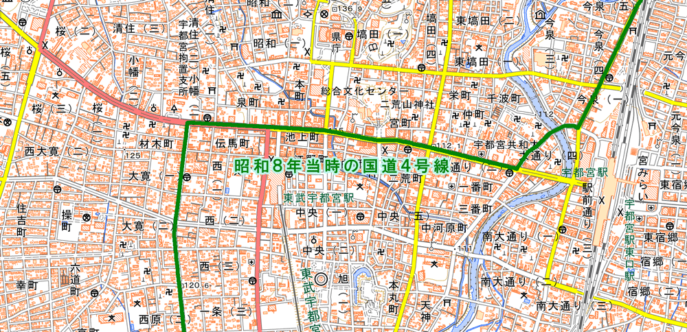 昭和８年頃の国道４号線（地理院地図を利用して作図）